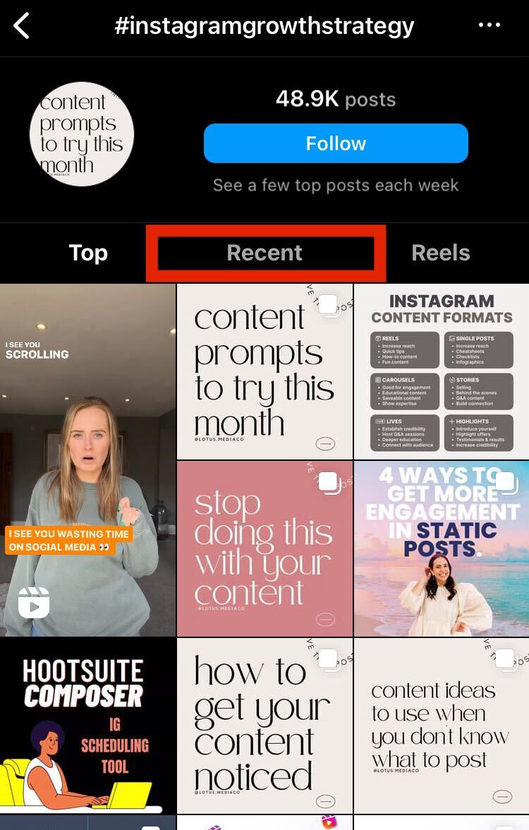 recent posts on instagram hashtag section