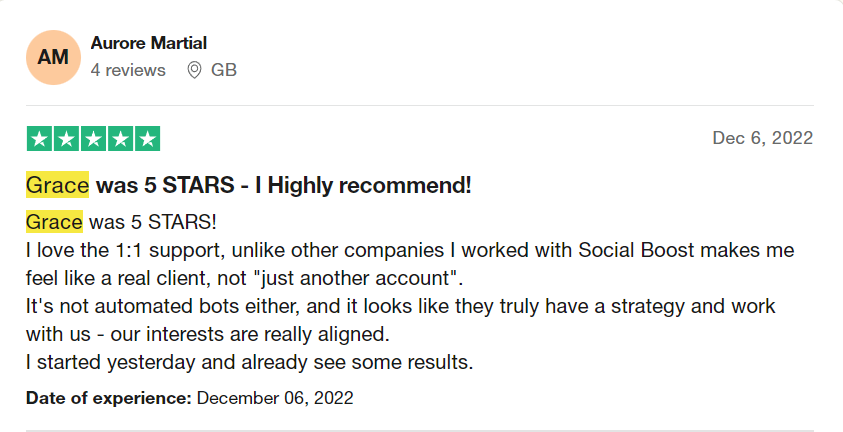 screenshot of Trustpilot review of Social Boost